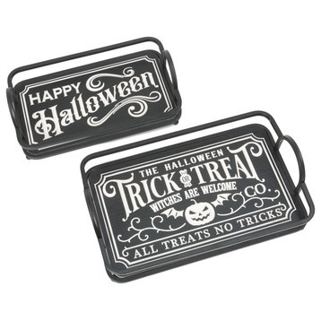 Set of 2, Wood and Metal Engraved Halloween Trays