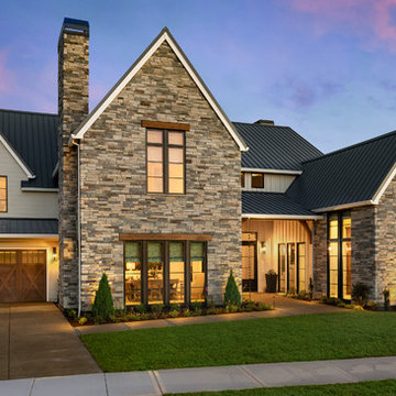 Modern Farmhouse Exterior Facade With Stone and Wood