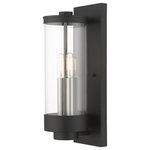 Livex Lighting - Textured Black Nautical, Moder, Industrial, Urban Outdoor Wall Lantern - The medium two-light outdoor hand crafted wall lantern from the Hillcrest collection is made of rugged stainless-steel and features a simple yet elegant textured black finish frame paired with a closed top clear glass shade and is accented by brushed nickel candles. The glass shade is topped off with a textured black ring accent to carry through the theme of the finely crafted design. Use indoors or outdoors, this piece complements modern, nautical, contemporary or urban homes.