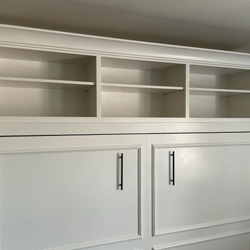 Custom Built Vertical Murphy Bed with Side and Upper Shelving, In White Finish