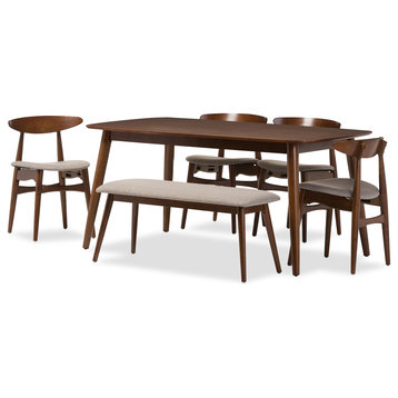 Flora Mid-Century Modern Wood 6-Piece Dining Set