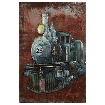 "Train" Mixed Media Iron Hand Painted Dimensional Wall Art 48x32