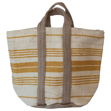 Jute and Cotton Tote Bag With Stripes and Handles, Cream, Yellow, and Natural