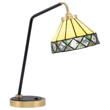 1-Light Desk Lamp, Matte Black/New Age Brass Finish, 7" Diamond Peak Art Glass