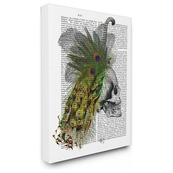 "Newspaper Print Skull With Peacock" Stretched Canvas Wall Art