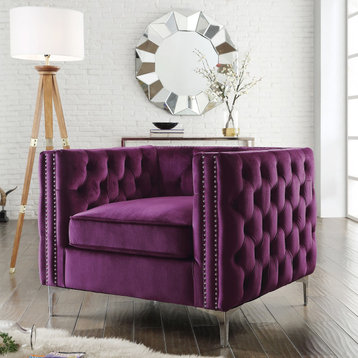 Jeannie Velvet 3-Seat Sofa Button Tufted with Metal Legs, Purple