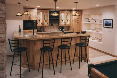 Example of a trendy carpeted basement design in Denver with white walls