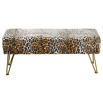 Leopard Faux Fur Bench With Gold Legs, 46''x16''x17''