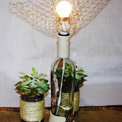 Handcrafted Glass Bottle Lamp / Wire Mesh Lampshade / Twine - Table Lamps