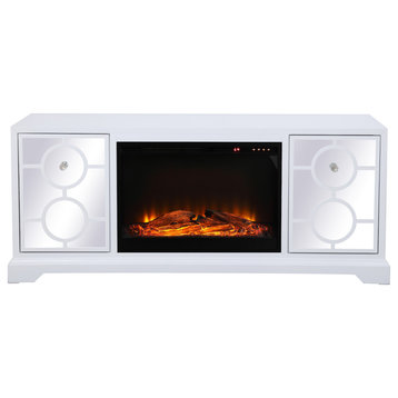 60 In. Mirrored Tv Stand With Wood Fireplace Insert In White