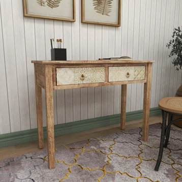 Farmhouse Desk, Fir Wood Construction & 2 Drawers With Unique Patterned Front