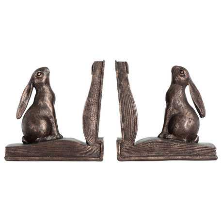 Rustic Bronze Rabbit on Book Resin Bookends, Set of 2