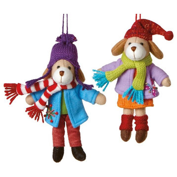 Boy and Girl Family Pet Dogs in Winter Coats Christmas Ornaments Set of 2