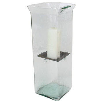 Modern Large Square 19" Glass Slab Candle Holder Hurricane Pillar Votive