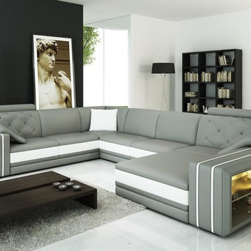 Gray and White Bonded Leather Sectional Sofa with Chaise