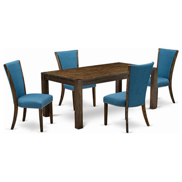 East West Furniture Lismore 5-piece Wood Dining Set in Jacobean Brown/Blue