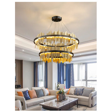 Modern Creative Circular Chandelier for Living Room, Dining Room, Copper, 2 Rings - 23.6"+31.5"