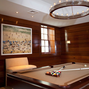 Large traditional look-out basement in Philadelphia with brown walls, limestone flooring, a standard fireplace and a brick fireplace surround.