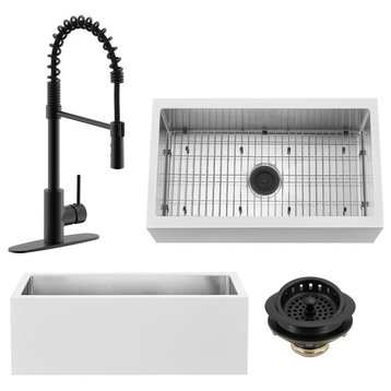 33" Single Bowl Farmhouse Solid Surface Sink and Faucet Kit, Matte Black