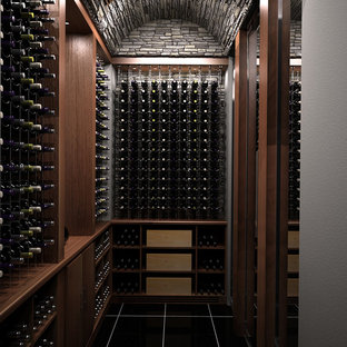 Ispirazione per una cantina contemporanea di medie dimensioni con parquet scuro e rastrelliere portabottiglie