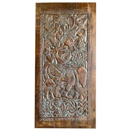 Consigned Vintage Carved Wood Radha Krishna Wall Decor Blue Accent Wall Art 84