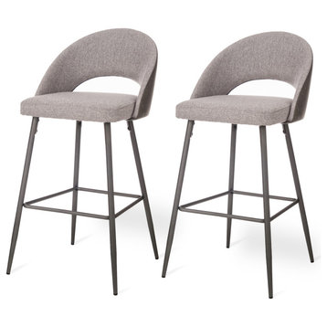 Pale Fabic/Leatherette Bar Stool With Tapered Metal Legs, Set of 2, Dark Grey