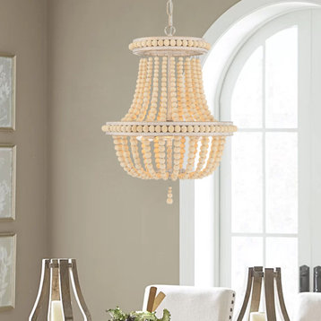 3-Light Lantern Empire Chandelier With Beaded Accents, White/Gold