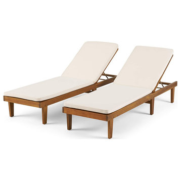 Set of 2 Patio Chaise Lounge, Teak Finished Acacia Wood Frame With Beige Cushion