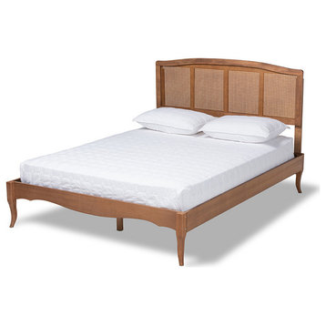 Marieke Vintage Ash Wanut Wood and Synthetic Rattan Queen Size Platform Bed