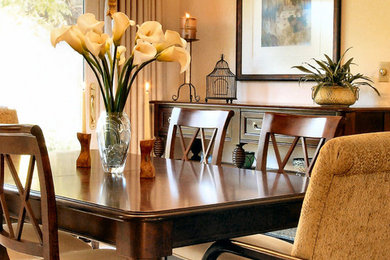 Enclosed dining room - mid-sized traditional carpeted enclosed dining room idea in Los Angeles with beige walls and no fireplace