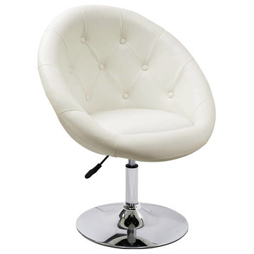 Button Tufted Swivel PU Leather Papasan Chair, White