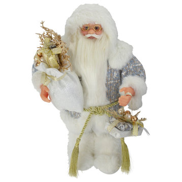12" White and Gold Standing Santa Carrying Sac of Presents Christmas Figure