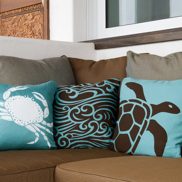 Crab, Wave and Sea Turtle Modern Eco Coastal Throw Pillows