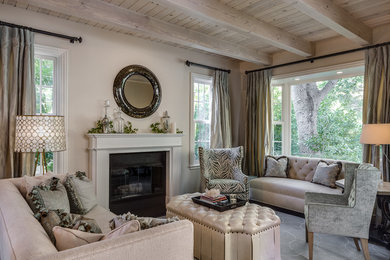 Living room - traditional formal living room idea in San Francisco with beige walls and a standard fireplace