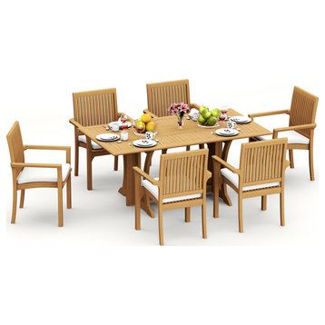 7-Piece Outdoor Teak Dining Set, 69" Table, 6 Lua Stacking Arm Chairs