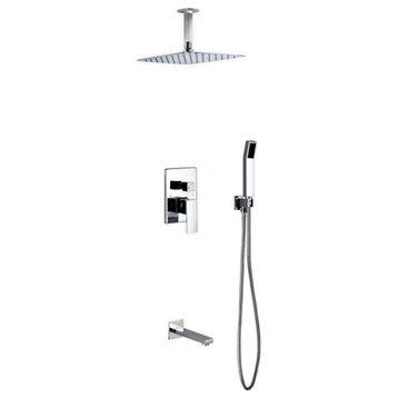 Aqua Piazza Set, 12" Ceiling Square Rain Shower, Handheld and Tub Filler, Chrome