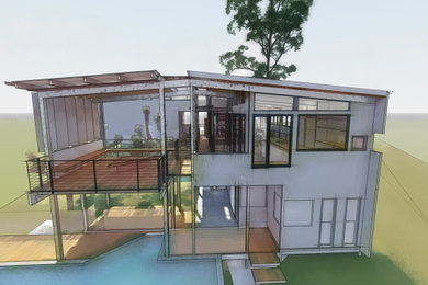 Design ideas for a mid-sized modern backyard and ground level deck in Sunshine Coast with a fire feature, a roof extension and metal railing.