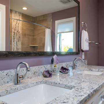 Modern Main Bathroom With a White Shaker Style Vanity and Lavender Walls