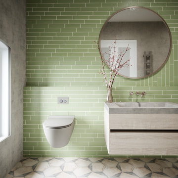 Muted Bathroom with Decorative Tiling