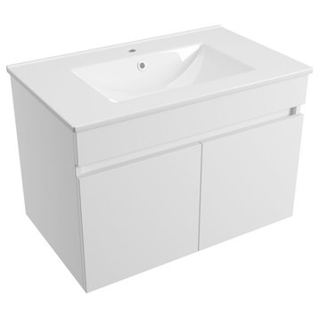 Wall-Mounted Bath Vanity Set, White, Integrated Ceramic Sink, 30", White