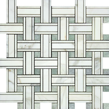 Calacatta Honed Marble Tripleweave Mosaic With Ming Green Dots, 10 sq.ft.