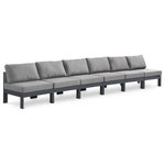 Meridian Furniture - Nizuc Water Resistant Patio Modular Straight Sofa, Gray, 6-Piece: 6 Armless Chair, Dark Gray Aluminum Frame - Pick and choose your favorites from the Nizuc collection to create a modular seating group the whole gang will enjoy. The sturdy aluminum frame provides dependable support for friends and family as they relax and unwind, and the resilient grey water resistant fabric stands up to the elements without losing its beautiful demeanor, so you can count on it lasting for the long haul. Latches beneath these seating pieces help you easily attach them to one another for convenient setup.