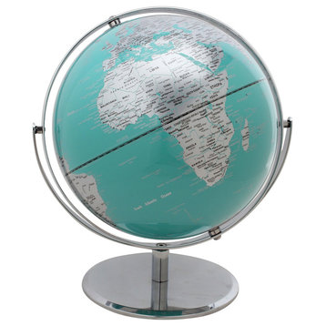 Vespucci Turquoise World Globe - 10" Diameter, Modern Metal Base