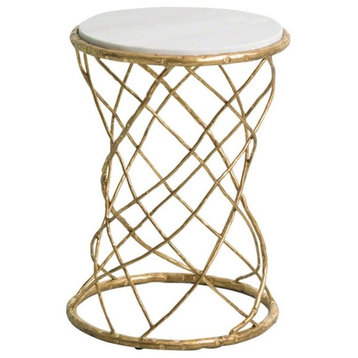 Luxe Gold Iron Swirl Drum Accent Table, White Marble Brass Cage Abstract