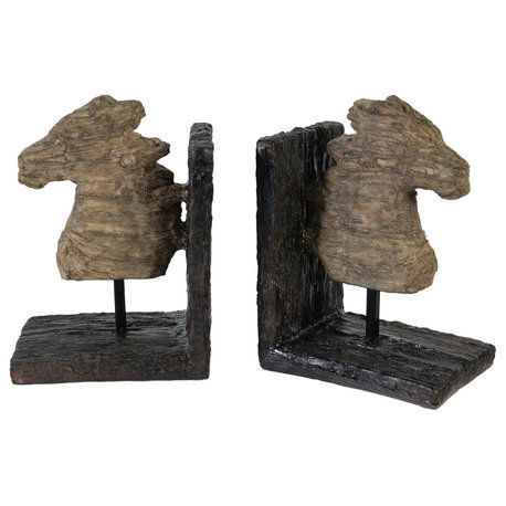 Benzara Ari 2-Piece Set Classic Bookends, Horse Bust, Metal, Brown, Black