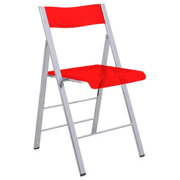 LeisureMod Modern Menno Acrylic Chrome Dining Folding Chair in Red