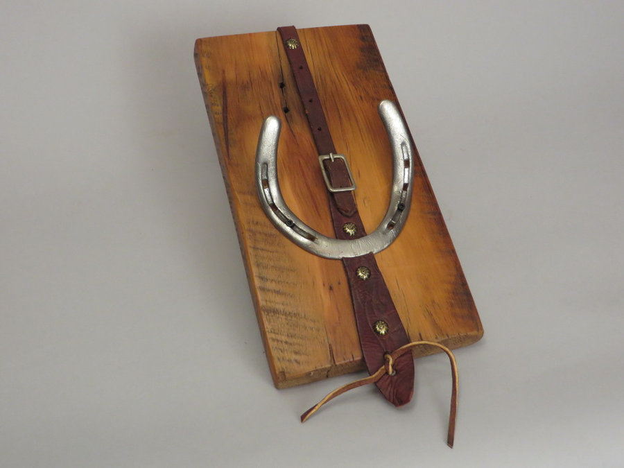 #R15036 Coat Rack Reclaimed Ambrosia Maple, horseshoes, leather.