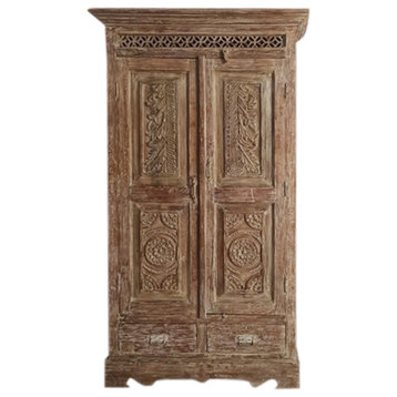 Consigned Mahal Vintage Carved Cabinet, Old teak cabinet, Whitewash Armoire