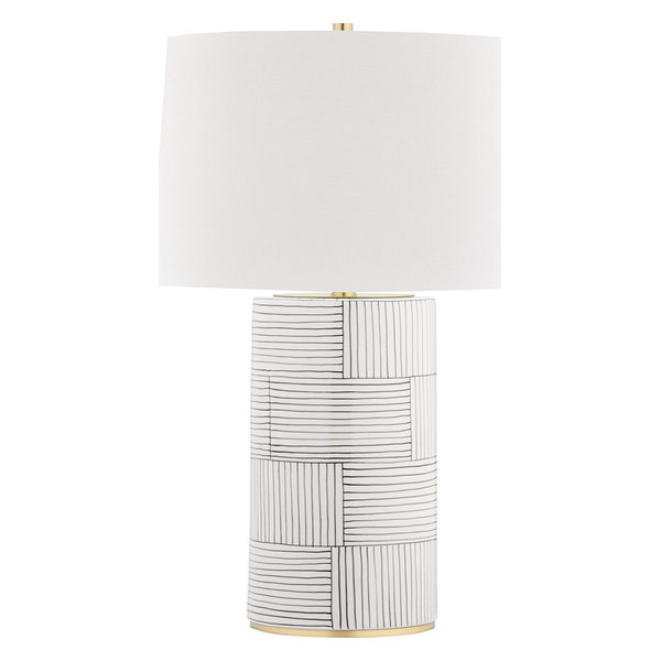 Borneo 1 Light Table Lamp in Aged Brass/Stripe w/ White Belgian Linen