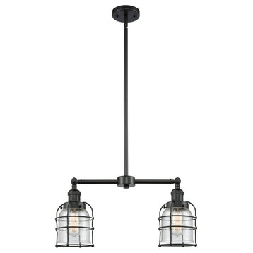 2-Light Small Bell Cage 22" Chandelier, Matte Black, Glass: Seedy